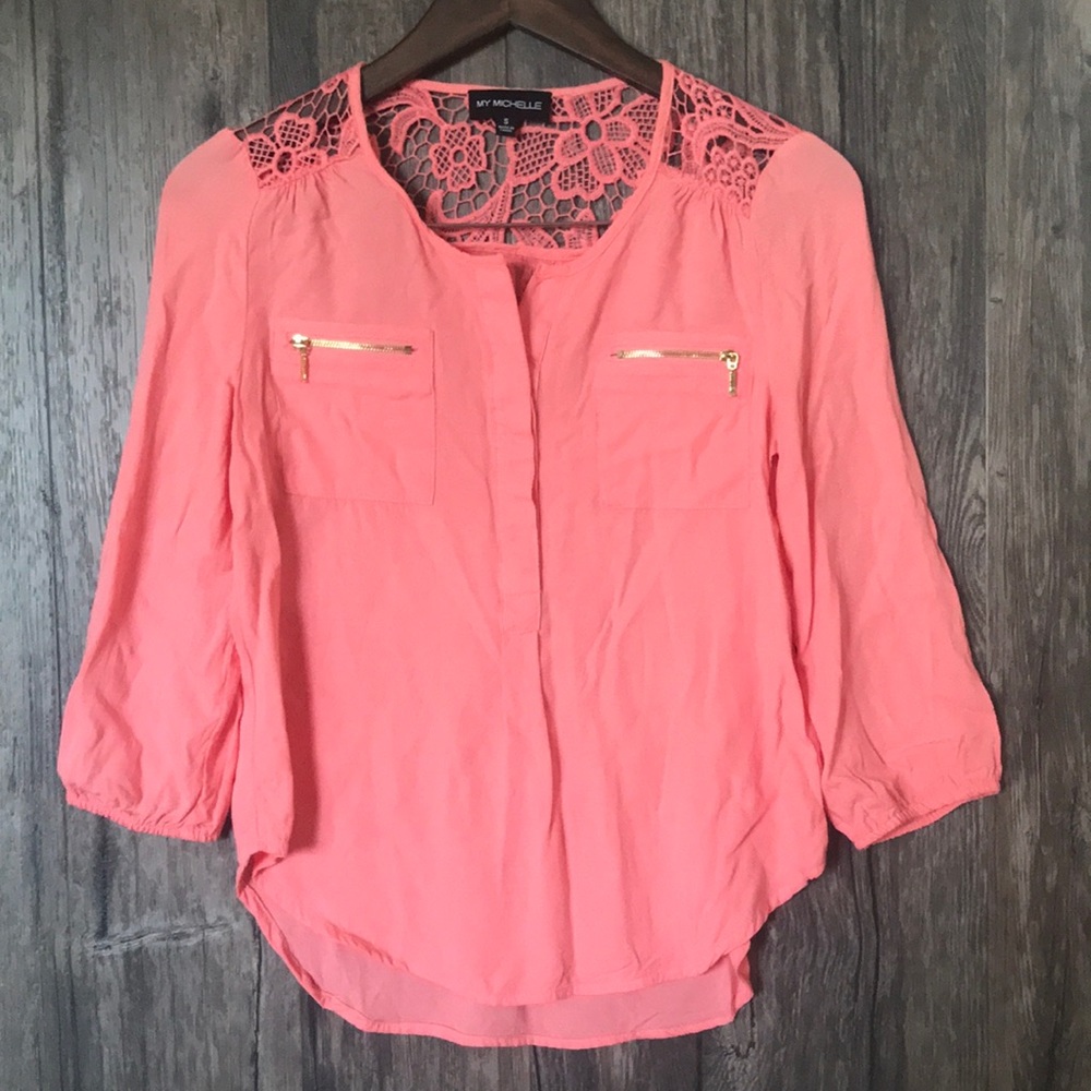 MY MICHELLE Pink Lace Long sleeve Top Gold Zippers